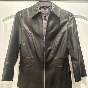 Express Fitted Black Leather Jacket fully lined; Size 10 Left interior pocket.